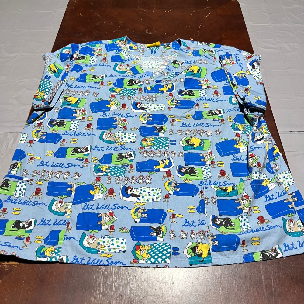 Scrubs Station Get Well Soon Cartoon Cats Dogs Mice Scrub Top Blue 3XL Plus Size - Picture 11 of 12